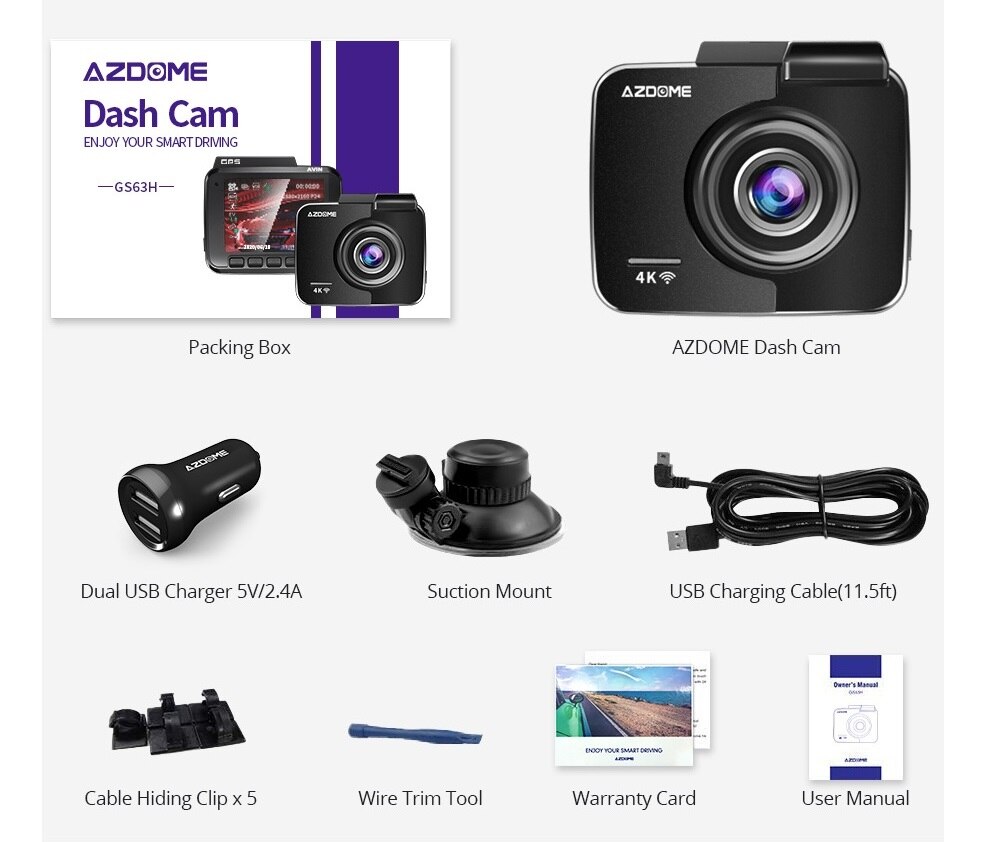 AZDOME 4K 2160P Dual Lens Built in GPS WiFi FHD 1080P Front + VGA Rear Camera Car DVR Recorder GS63H Dash Cam Night Vision