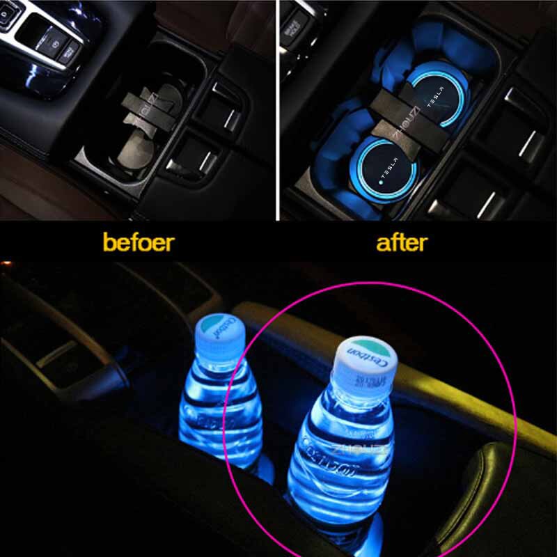 7 Colorful Intelligent Car Led Water Cup Luminous Coaster Mat Car Atmosphere Light For Tesla Model 3 Y S X Auto Accessories