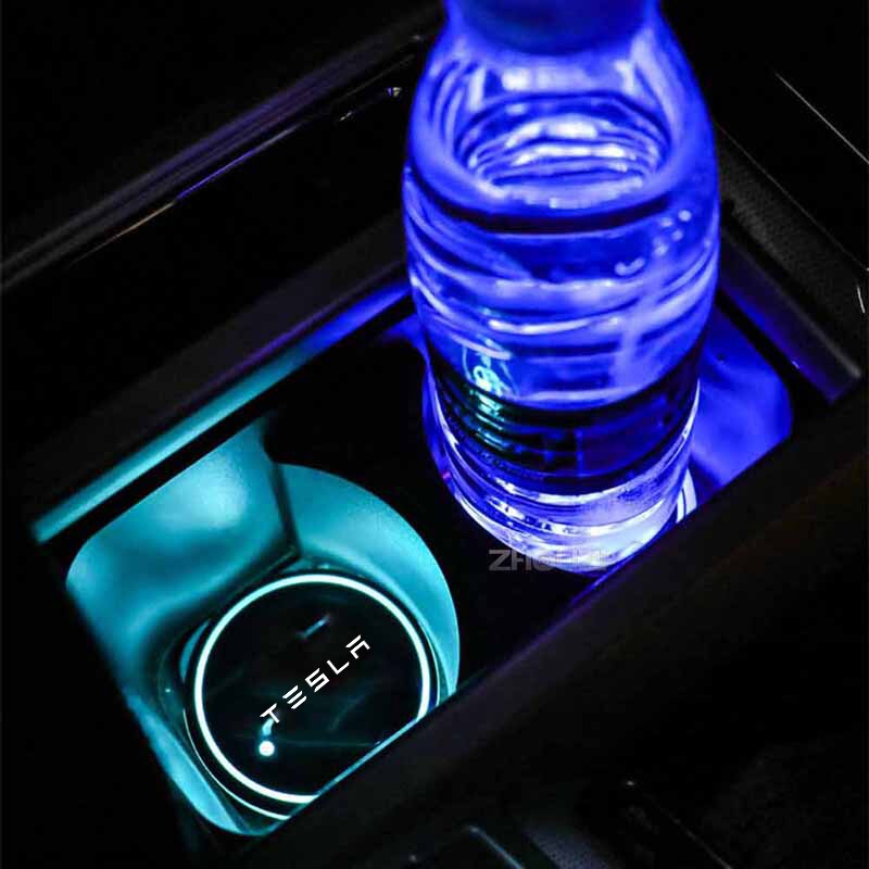 7 Colorful Intelligent Car Led Water Cup Luminous Coaster Mat Car Atmosphere Light For Tesla Model 3 Y S X Auto Accessories