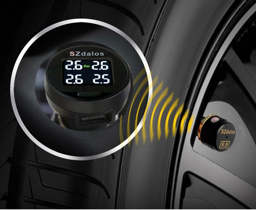 SZDALOS TP200 TPMS  Car Wireless Tire Pressure Monitoring System + 4 Mini Sensors  Cigarette Tyre Pressure Monitoring