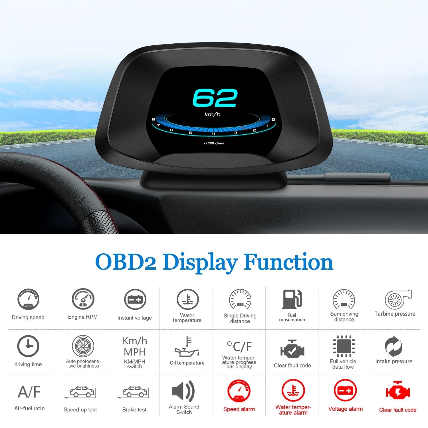 P19 Head Up Display Car HUD Navigation GPS OBD Digital Gauge Fuel Consumption Voltage Speedometer Turbo Brake Test OBD2 Scanner