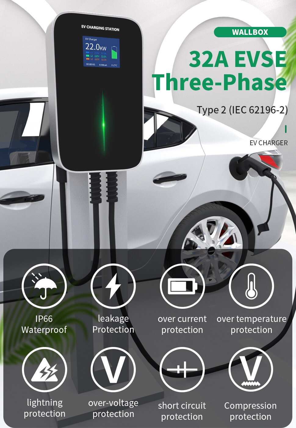 EV Charger 32A 3 Phase EVSE Wallbox EV Charging Station with Type 2 Cable IEC 62196-2 22KW for BMW Audi Electric Vehicle