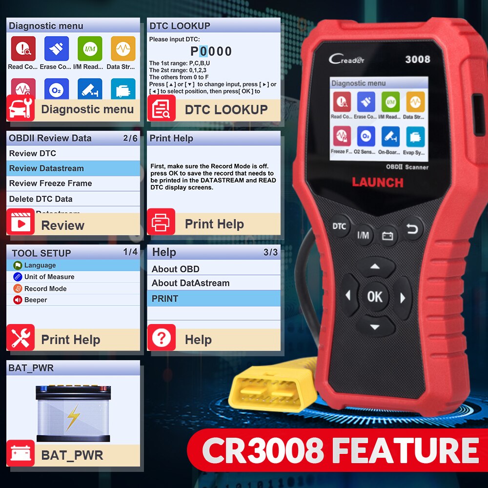LAUNCH Creader 3008 Scanner support full obd2 Battery tester function CR3008 OBDII code reader