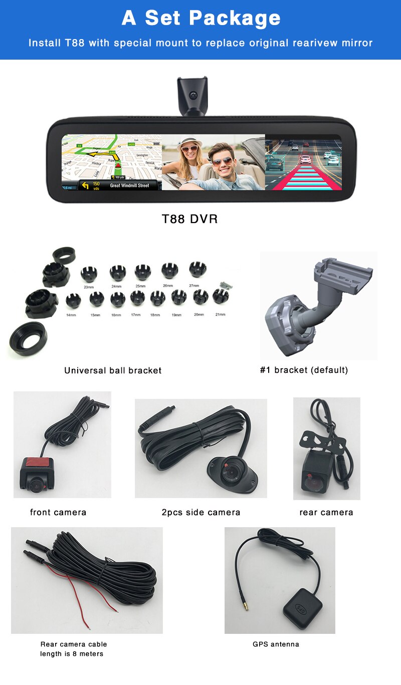 12in 4G Car DVR Android 9.0 4 Channel Dash Cam Record 360° View Recorder WIFI GPS Navigation ADAS Phone Live Video Check Nig