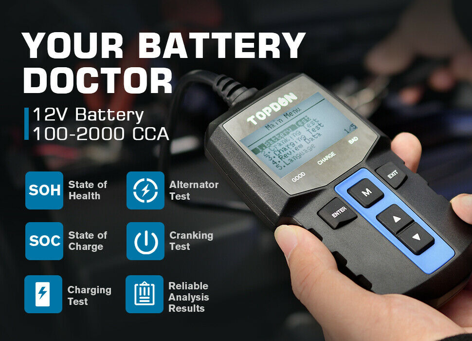 12V Automotive Car Battery Tester Charging Cranking Test Analyzer 100-2000CCA US