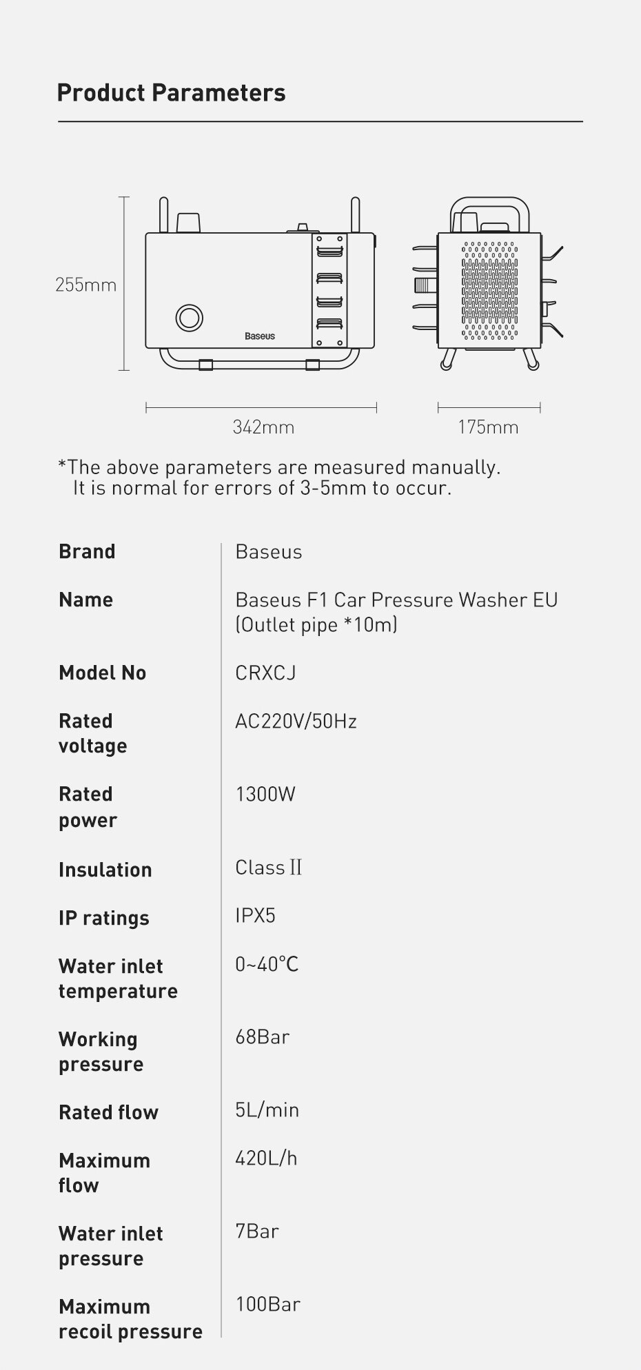Baseus 1300W High Pressure Car Washer Automatic Start-Stop Intelligent Adjust Pressure Household Water Pump Car Washing Machine