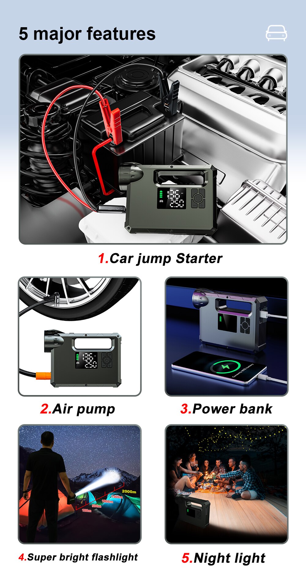 Car Jump Starter with air compressor portable flashlight Starting Device Battery Power Bank Automotive Booster start Charger