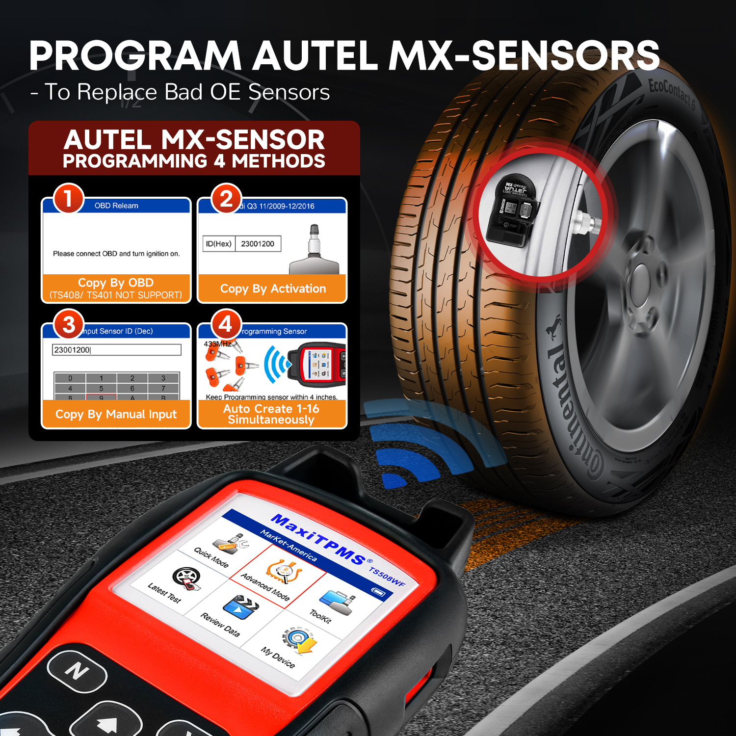 Autel MaxiTPMS TS508WF TPMS Code Reader 315 433MHz MX-Sensor Programmer TPMS Diagnostic Service Tool WIFI Update PK TS508 TS501