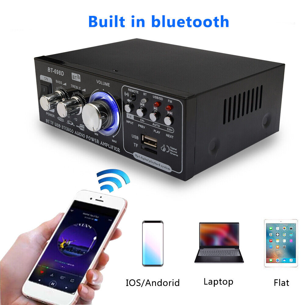 Car Home Audio Amplifier 2Channel Sound HIFI Stereo Receivers Bluetooth Digital Power Audio Amplifier for Speaker Control FM USB