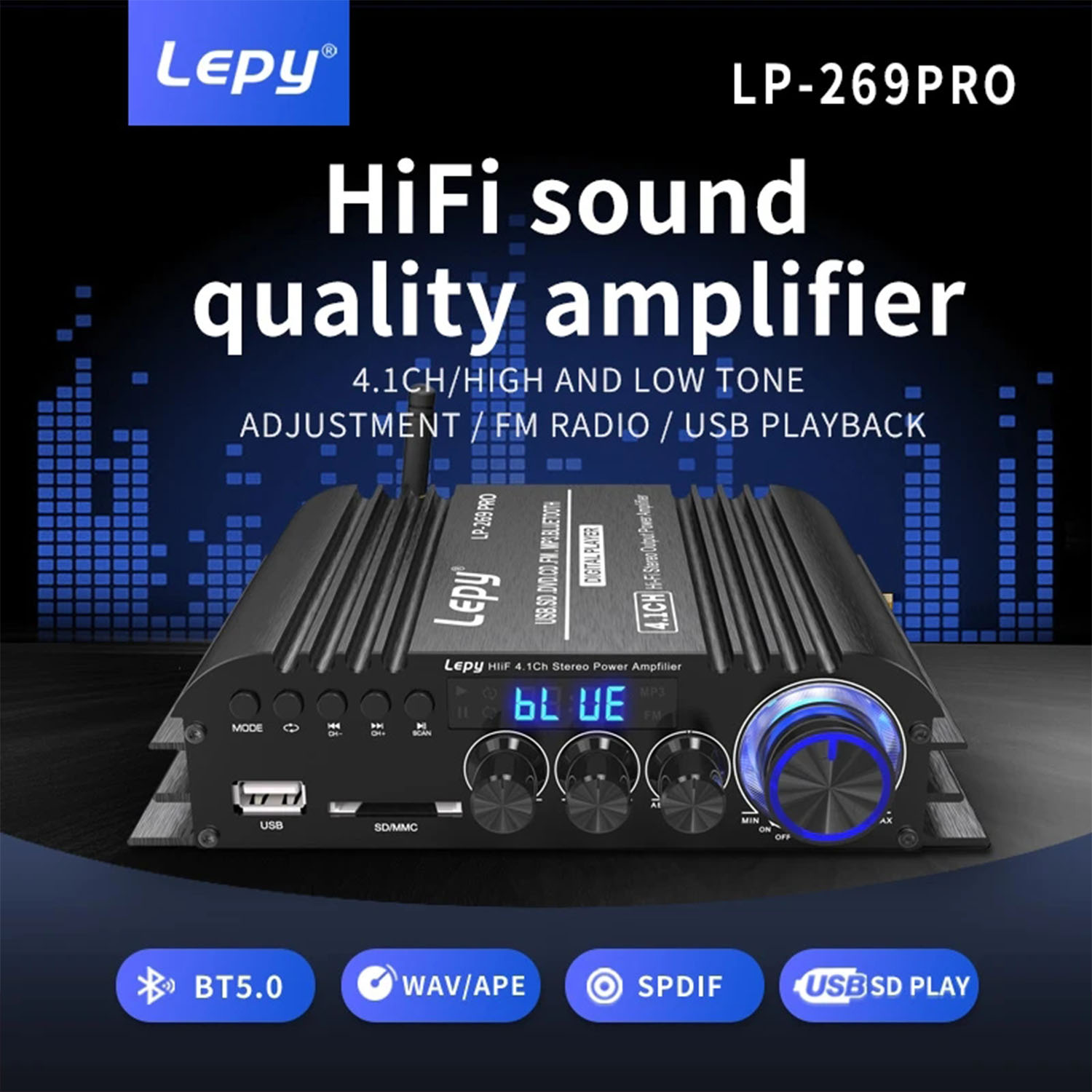 269PRO 4.1 Channel Amplifier Bluetooth 5.0 Coaxial In USB SD FM Function Subwoofer Output Home Theater Amplificador USB COA